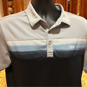 Travis Mathew men’s golf polo. Sharp gray/black/blue print w/logos front/back. M
